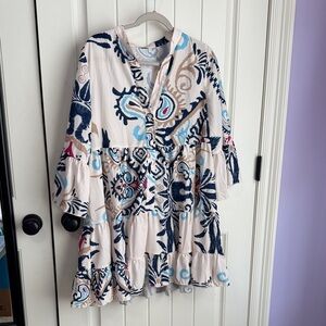 Cream Tunic Dress with Navy, Light Blue & Pink Motif One Size
